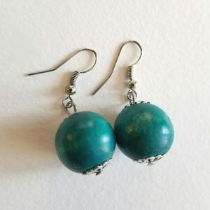 Teal blue earrings wood ball silver tone hook earwires
